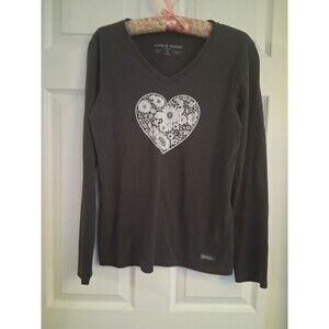 Life is Good Womens Black Flower Heart V Neck Tee Shirt